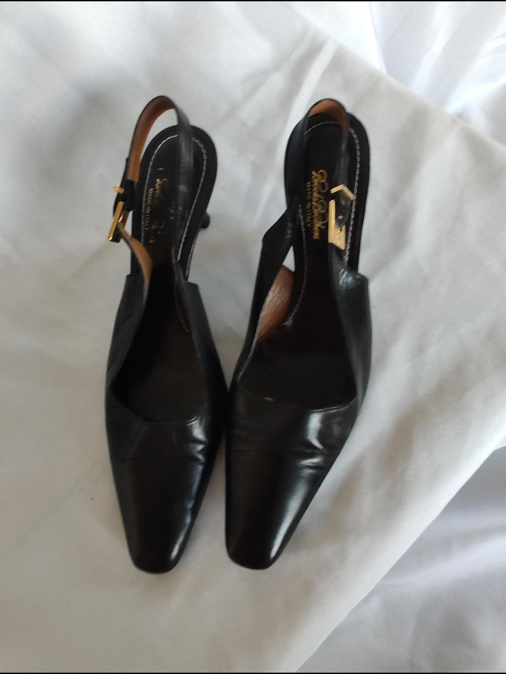 Elegant Black Leather Slingback Heels with Gold Buckle Accent - Picture 2 of 10